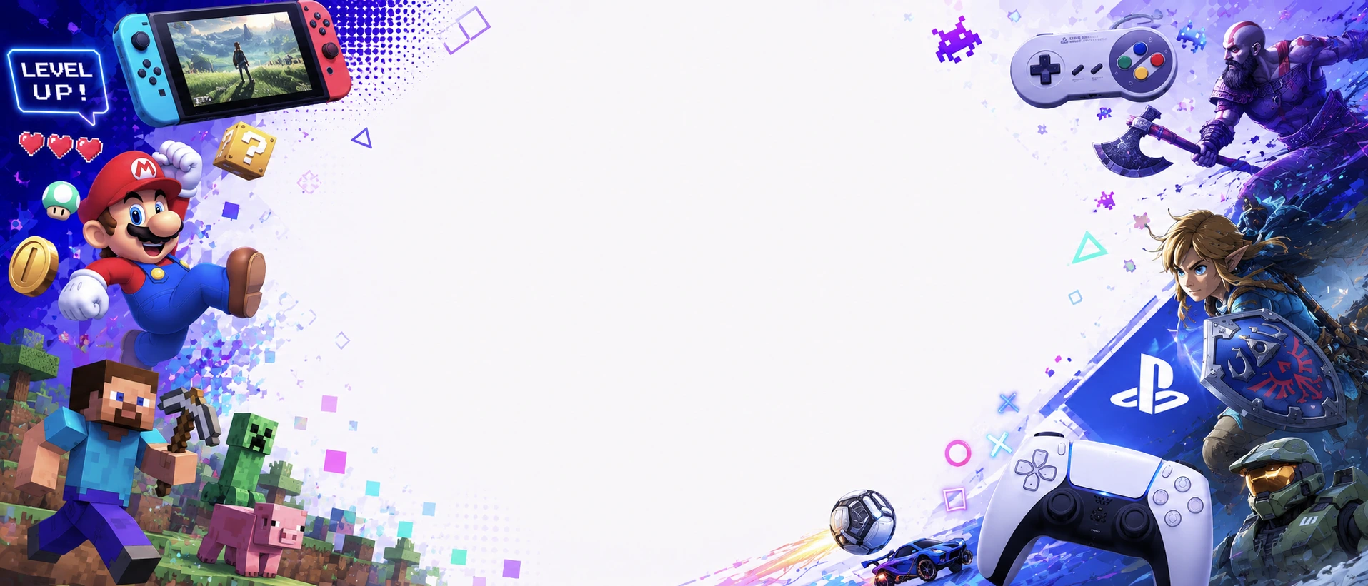 Game worlds and controller themed artwork